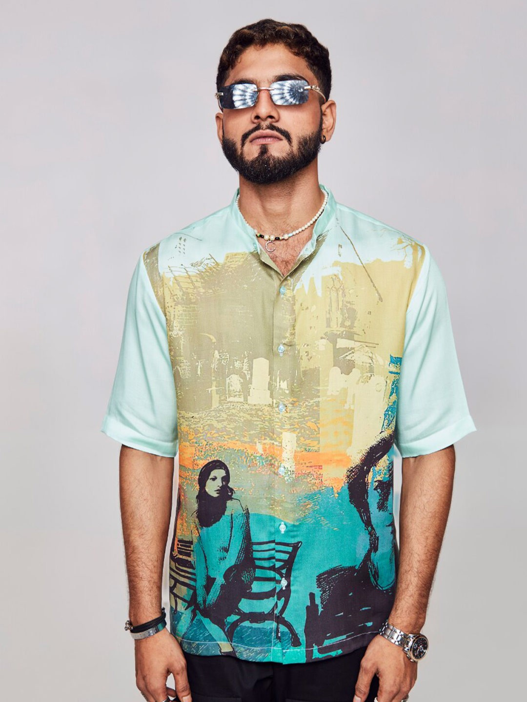 

ADDY'S for men Comfort Graphic Printed Band Collar Semi Sheer Satin Casual Shirt, Taupe