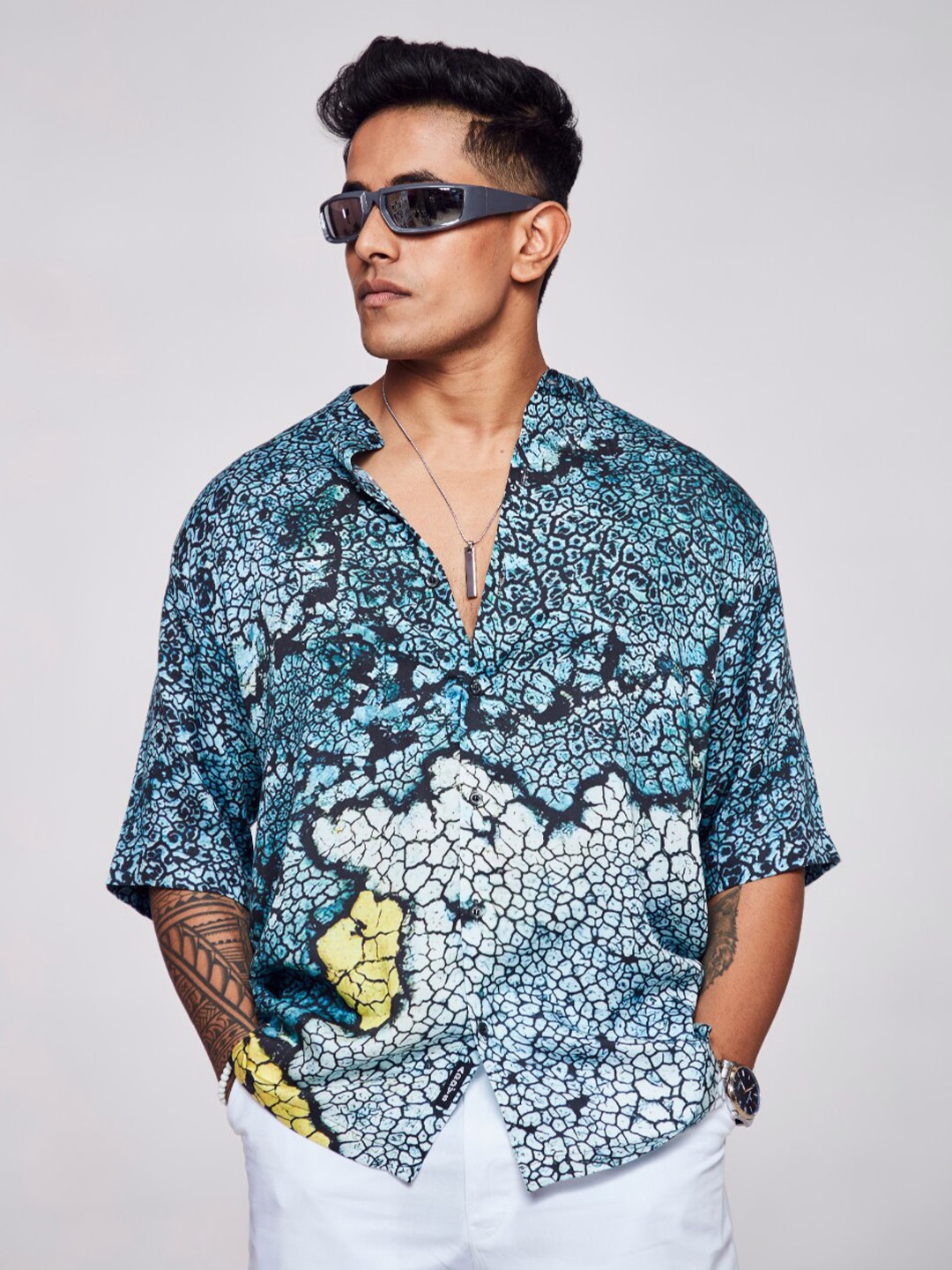

ADDY'S for men Comfort Graphic Printed Band Collar Semi Sheer Satin Casual Shirt, Teal