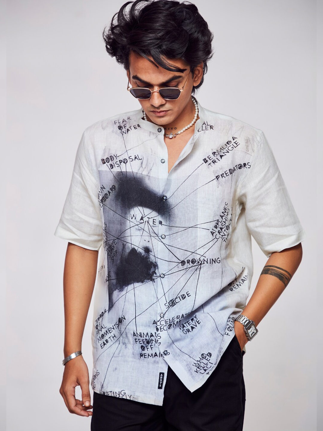 

ADDY'S for men Comfort Abstract Printed Linen Casual Shirt, Off white