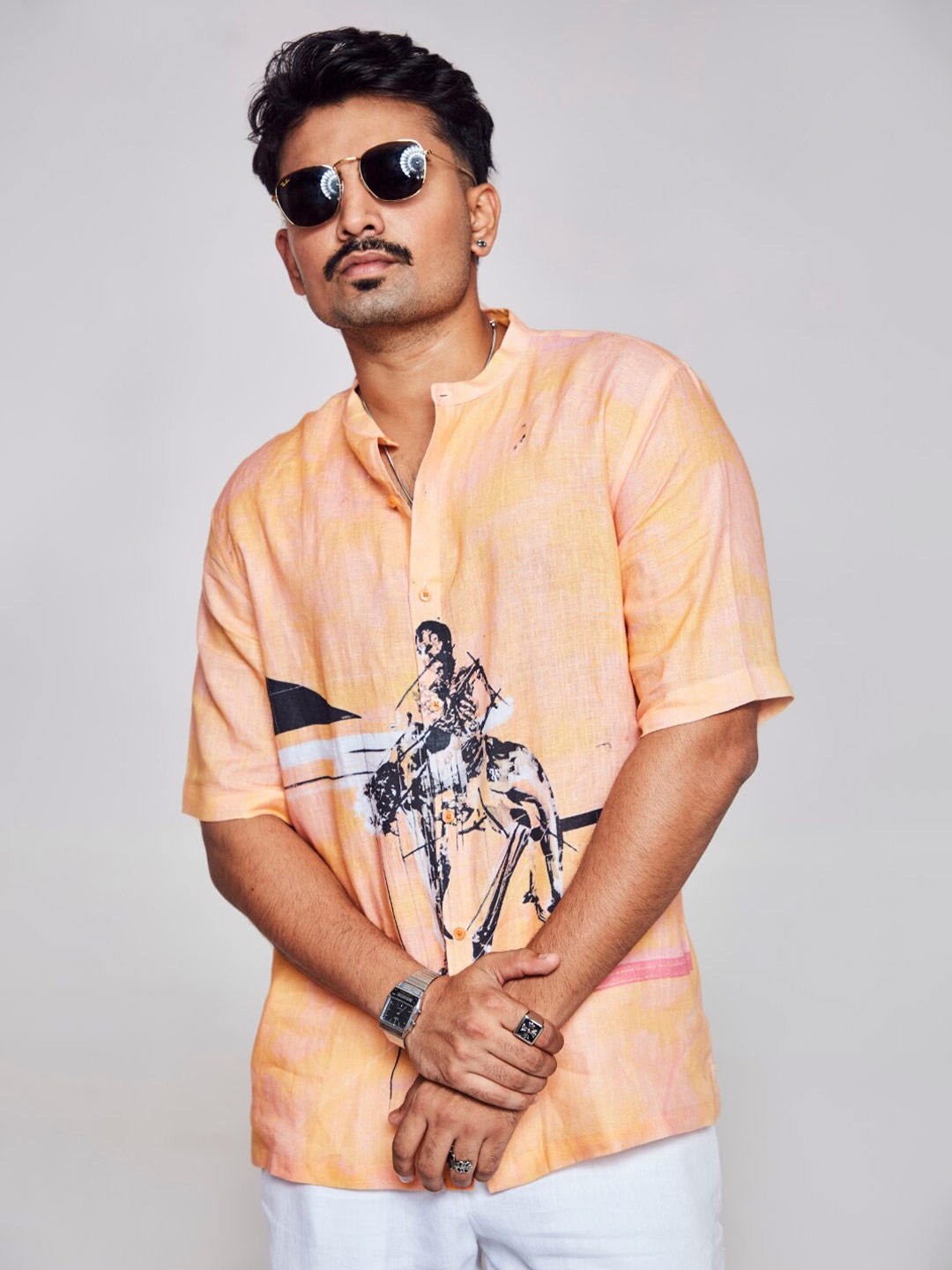 

ADDY'S for men Comfort Graphic Printed Band Collar Linen Casual Shirt, Peach