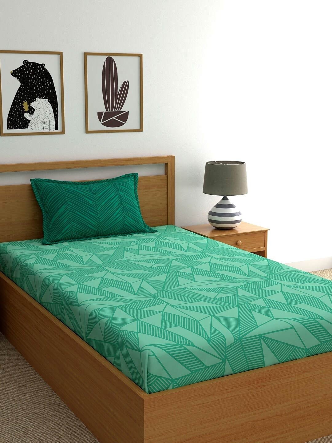 

Home Ecstasy Green Geometric Cotton Fitted 140 TC Single Bedsheet With 1 Pillow Cover