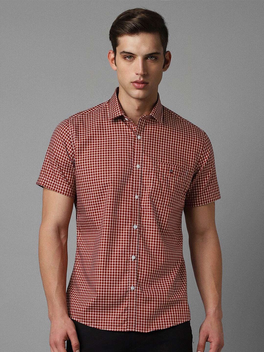 

Louis Philippe Sport Slim Fit Micro Checked Spread Collar Pocket Casual Shirt, Red
