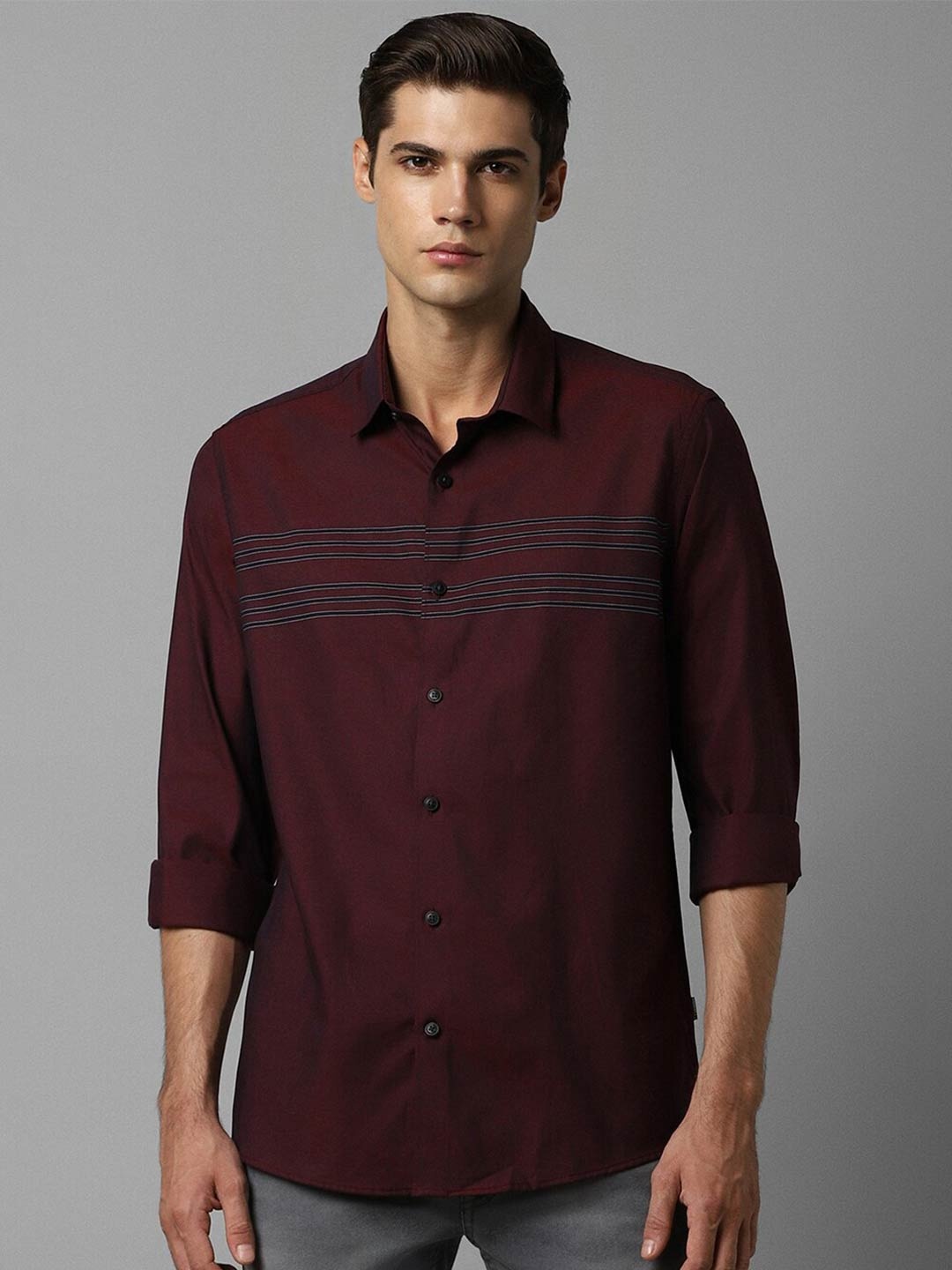 

Louis Philippe Sport Slim Fit Horizontal Striped Pure Cotton Casual Shirt, Maroon