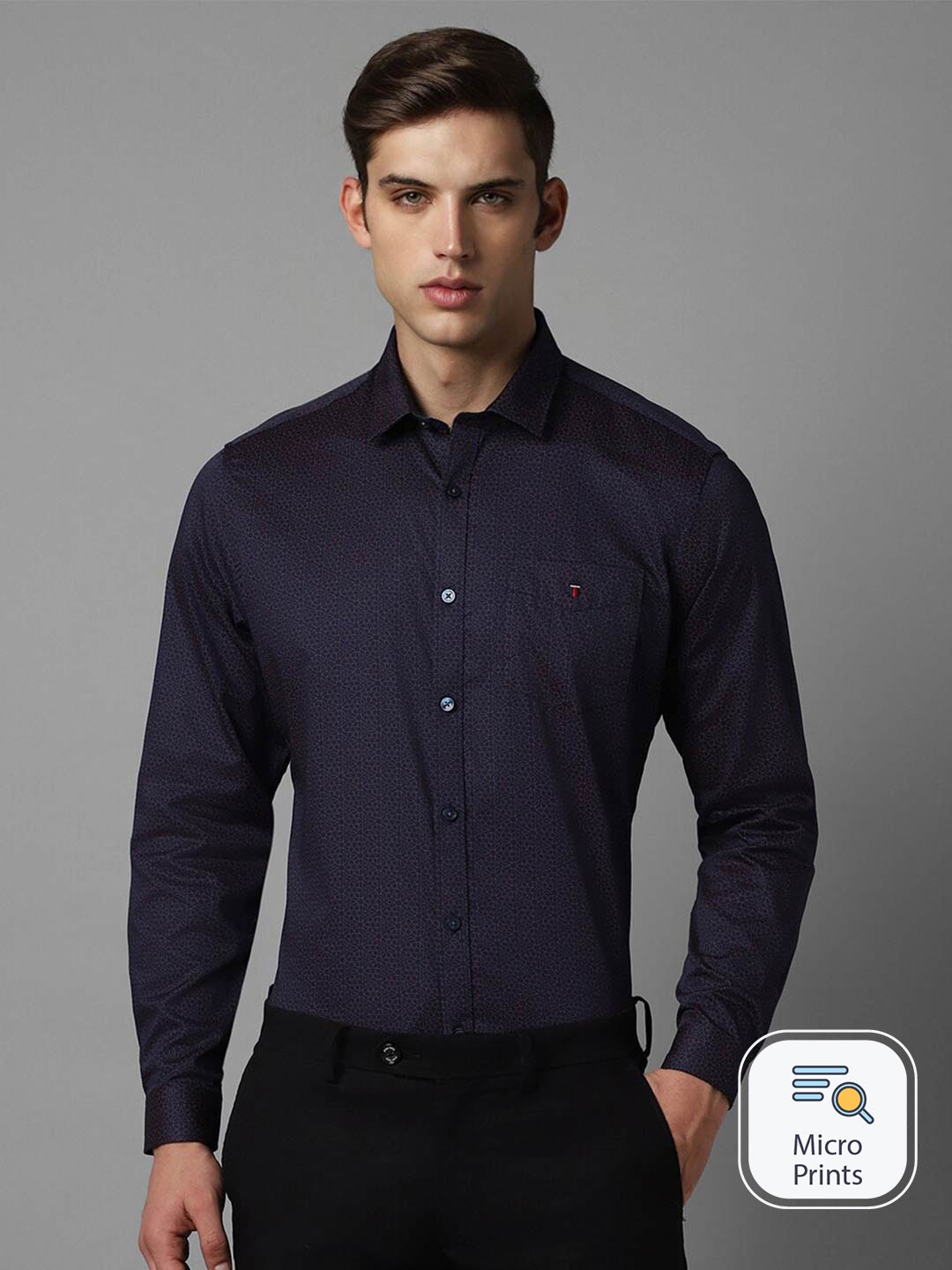 

Louis Philippe Sport Slim Fit Micro Disty Printed Pure Cotton Formal Shirt, Navy blue
