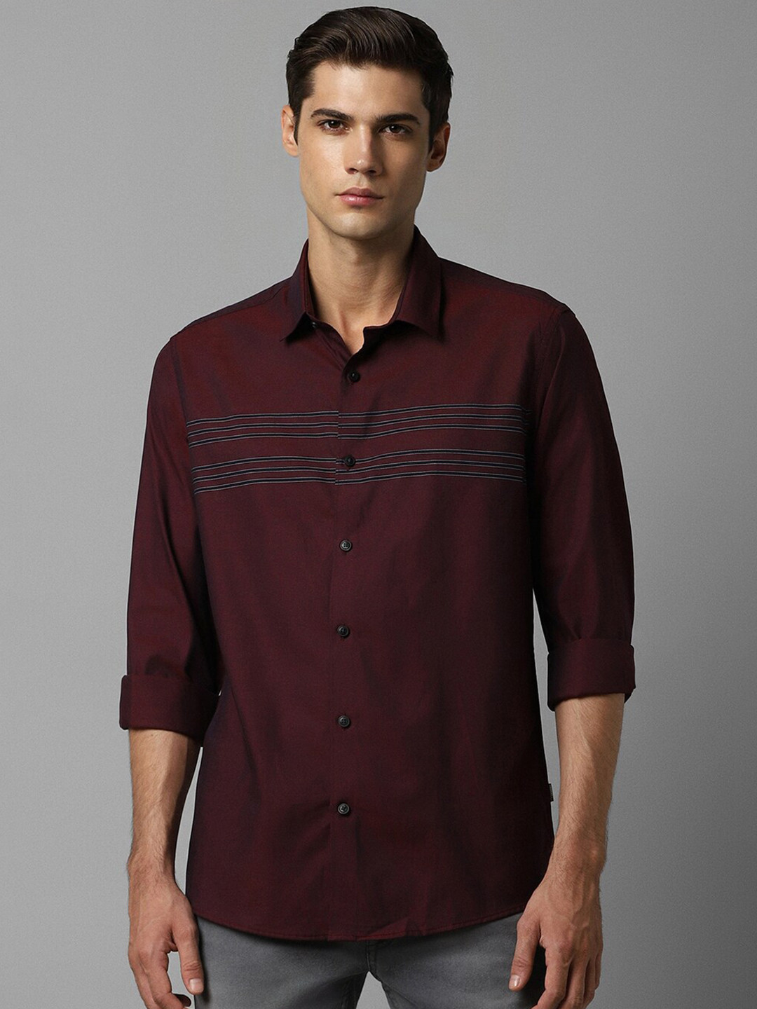 

Louis Philippe Sport Slim Fit Horizontal Striped Pure Cotton Casual Shirt, Maroon