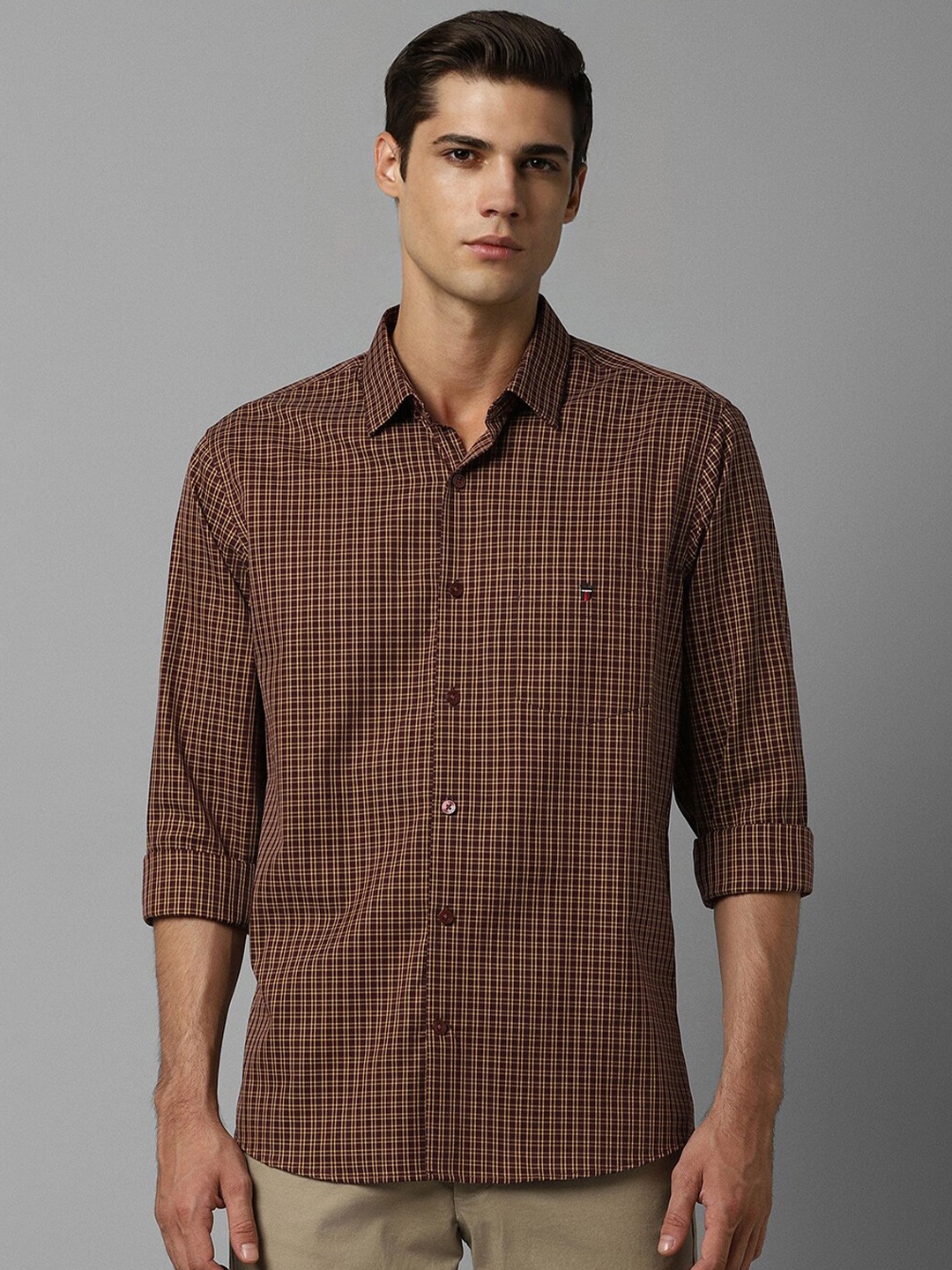 

Louis Philippe Sport Slim Fit Micro Checks Spread Collar Long Sleeve Cotton Casual Shirt, Maroon
