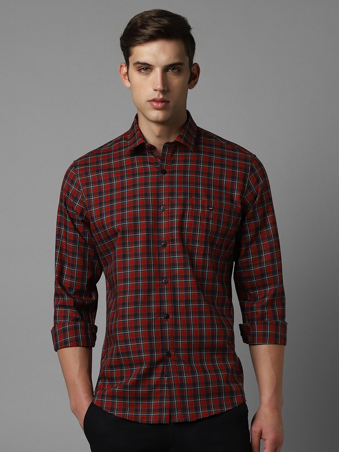 

Louis Philippe Sport Tartan Checks Slim Fit Opaque Pure Cotton Casual Shirt, Maroon