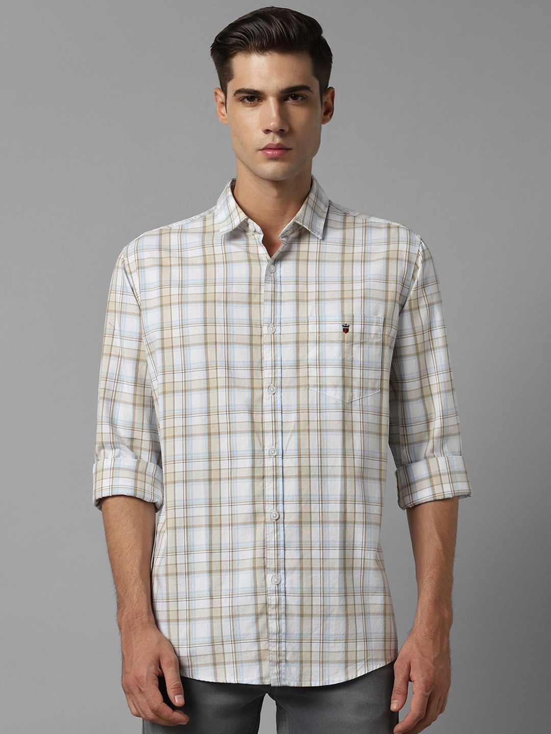 

Louis Philippe Sport Slim Fit Checked Spread Collar Chest Pocket Pure Cotton Casual Shirt, White