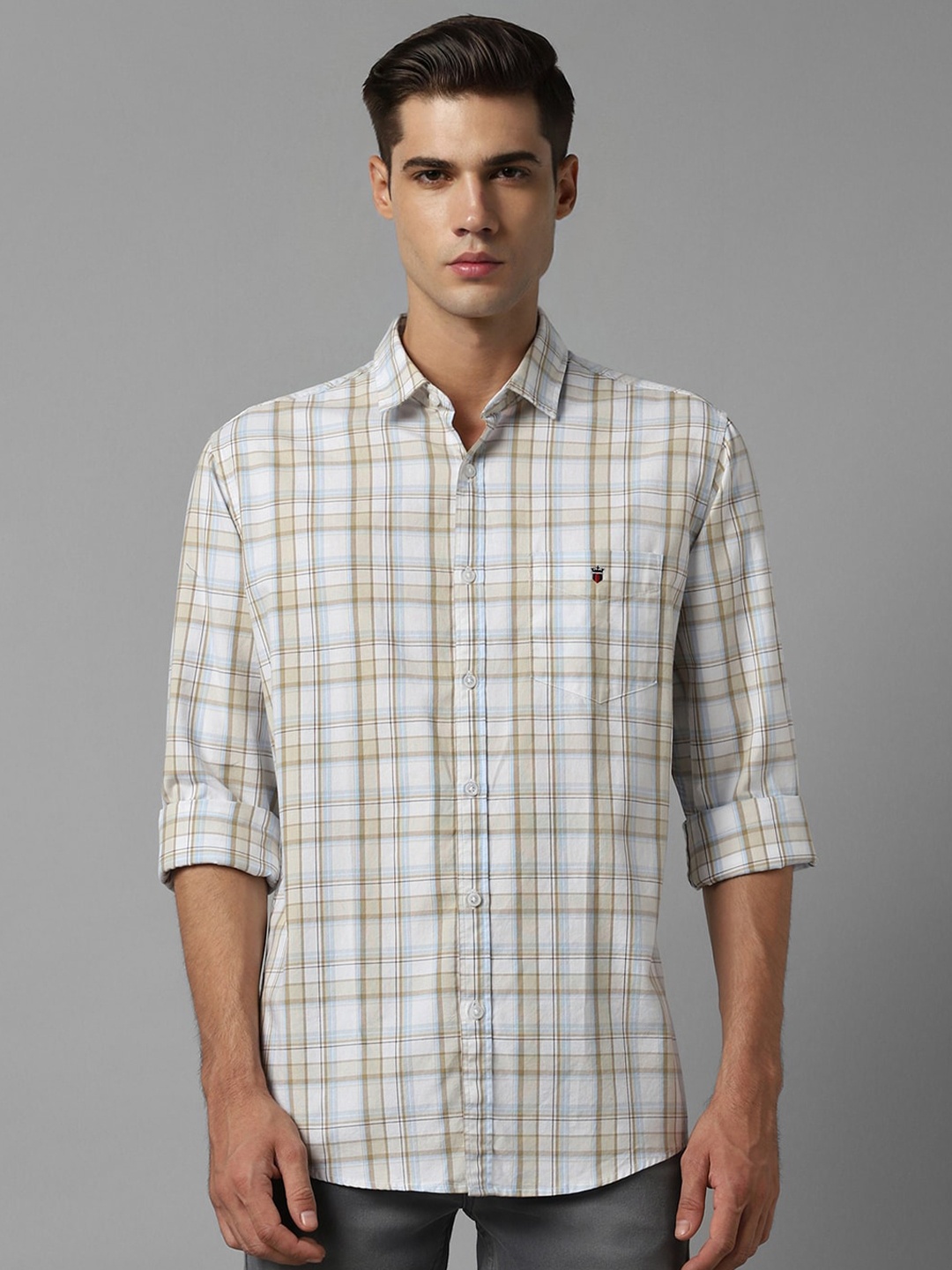 

Louis Philippe Sport Slim Fit Checked Spread Collar Long Sleeves Pure Cotton Casual Shirt, White