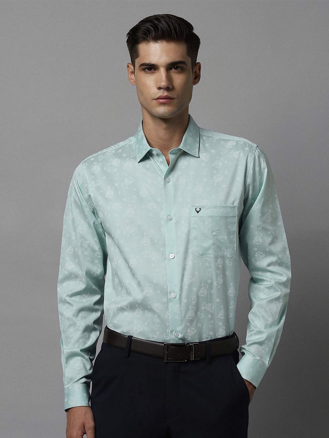 

Allen Solly Slim Fit Formal Printed Spread Collar Long Sleeve Cotton Formal Shirt, Green