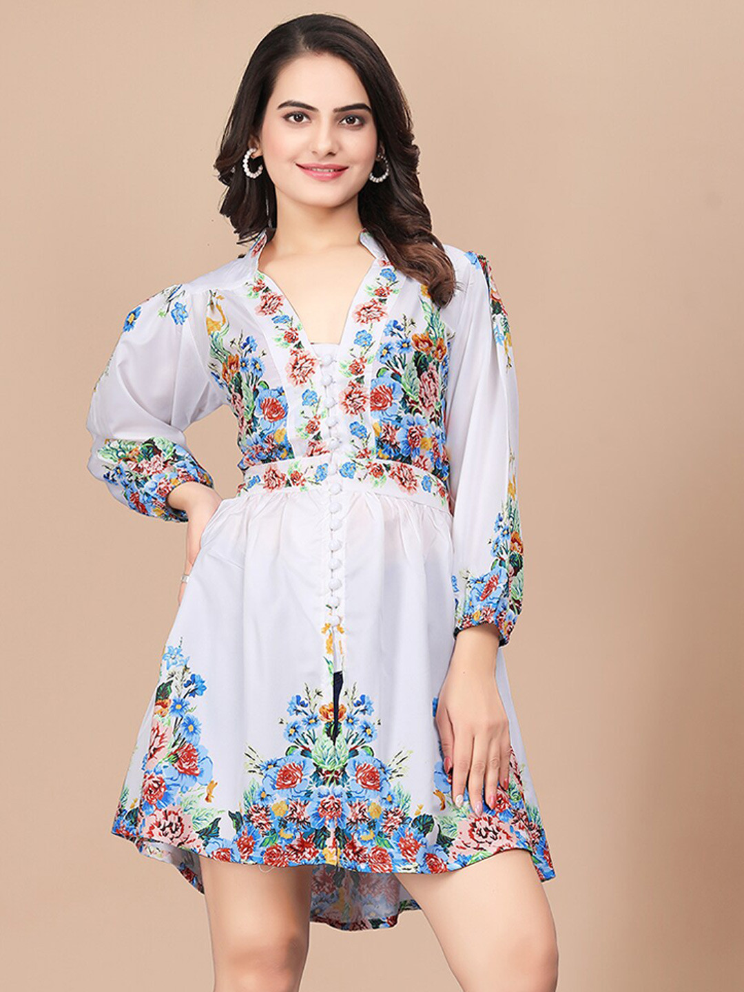

N N ENTERPRISE White Floral Print Puff Sleeve Crepe Fit & Flare Dress