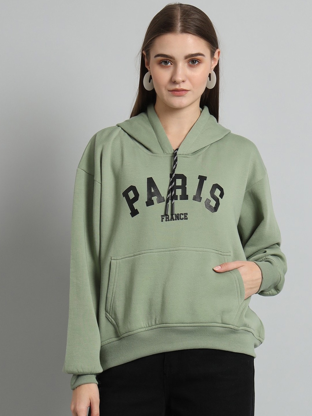 

Christy World Hooded Typography Printed Fleece Oversized Pullover, Green