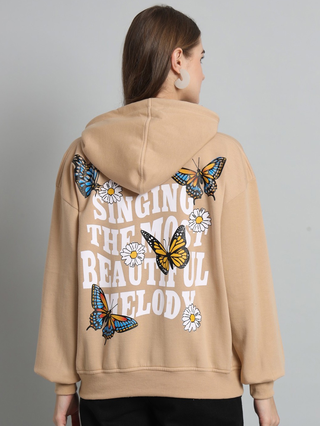 

Christy World Hooded Typography Printed Fleece Oversized Pullover, Beige
