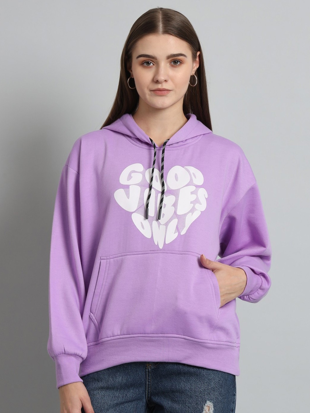 

Christy World Hooded Typography Printed Fleece Oversized Pullover, Lavender
