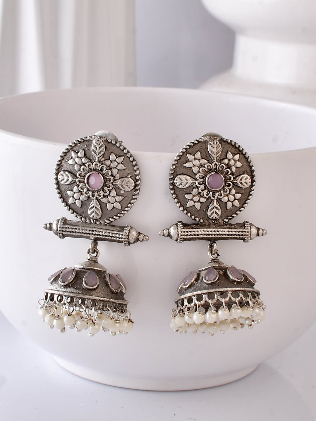 

DASTOOR Silver-Plated Oxidised Beaded Dome-Shaped Jhumkas