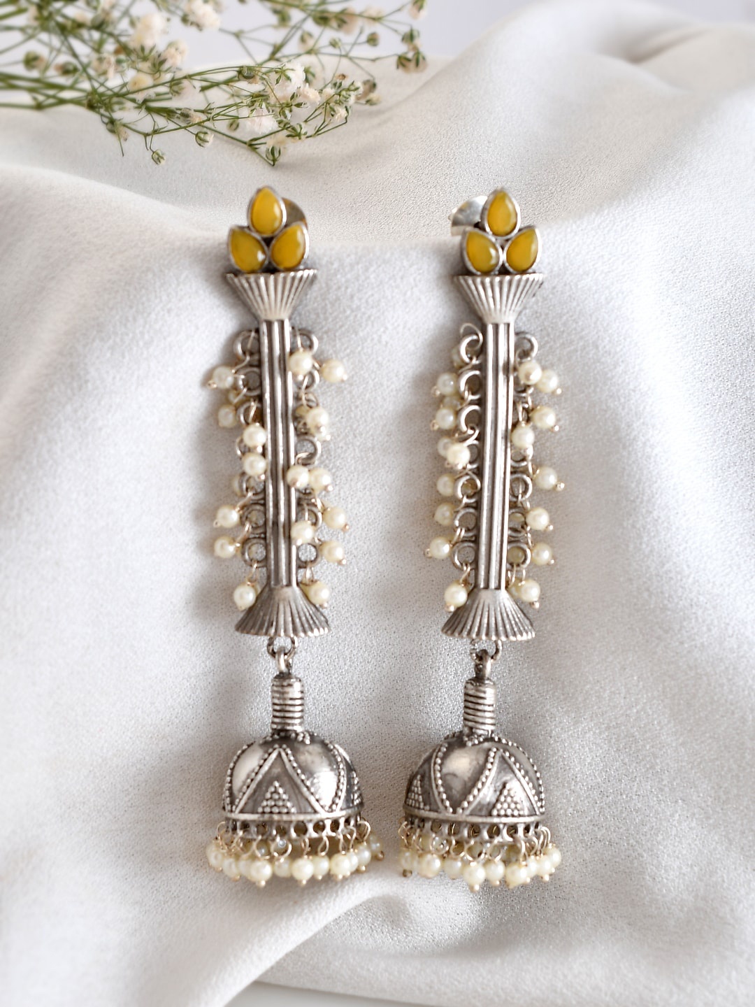 

DASTOOR Silver-Plated Oxidised Beaded Dome Shaped Jhumkas