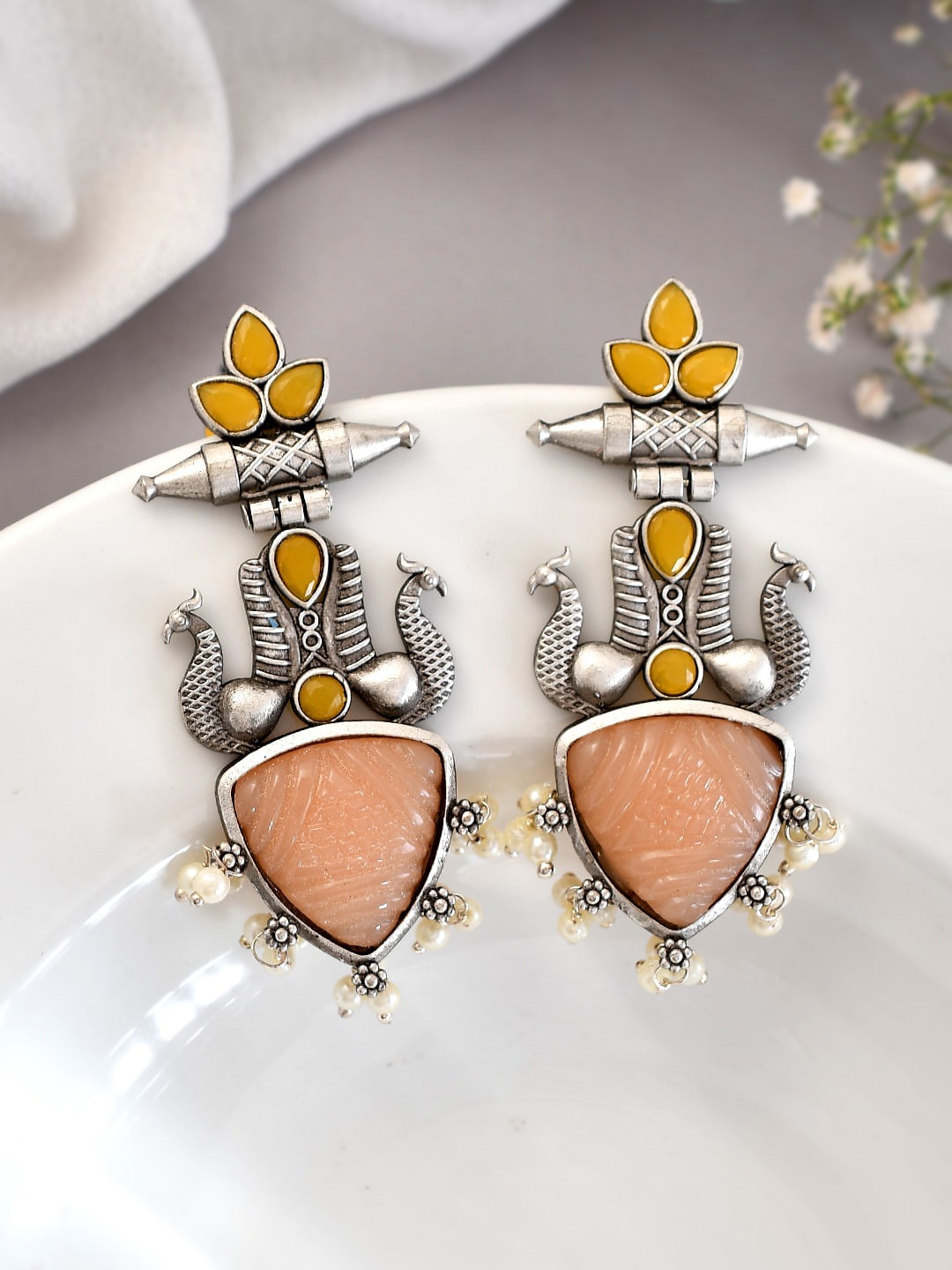 

DASTOOR Silver-Plated Stone Studded Beaded Drop Earrings