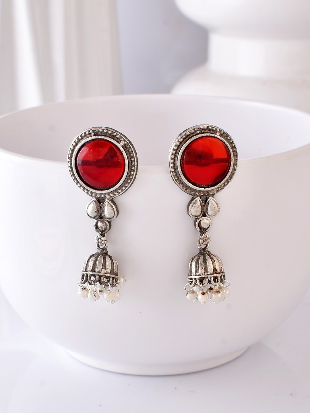 

DASTOOR Silver-Plated Oxidised Stone-Studded & Beaded Dome-Shaped Jhumkas