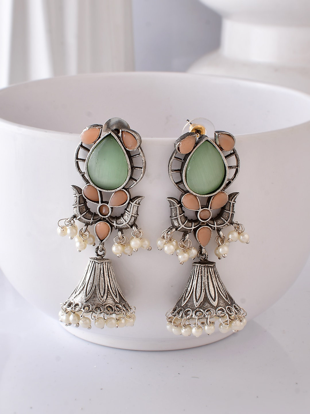 

DASTOOR Silver-Plated Stone Studded Beaded Jhumkas
