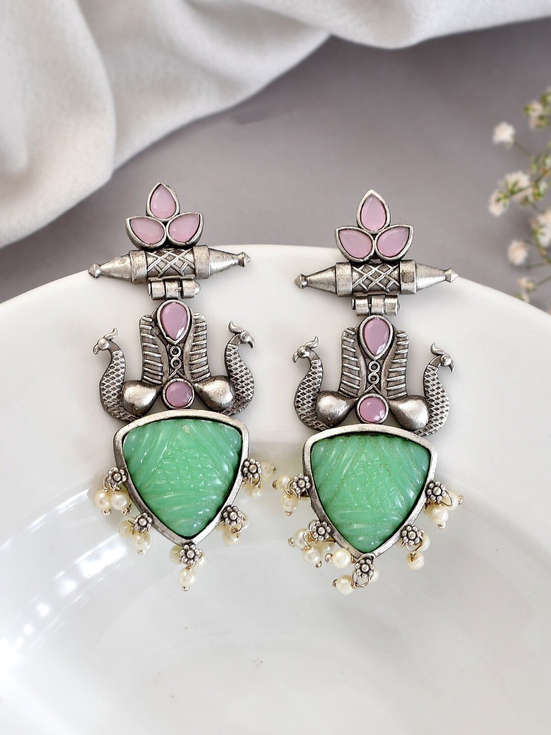 

DASTOOR Silver-Plated Stone Studded Beaded Drop Earrings