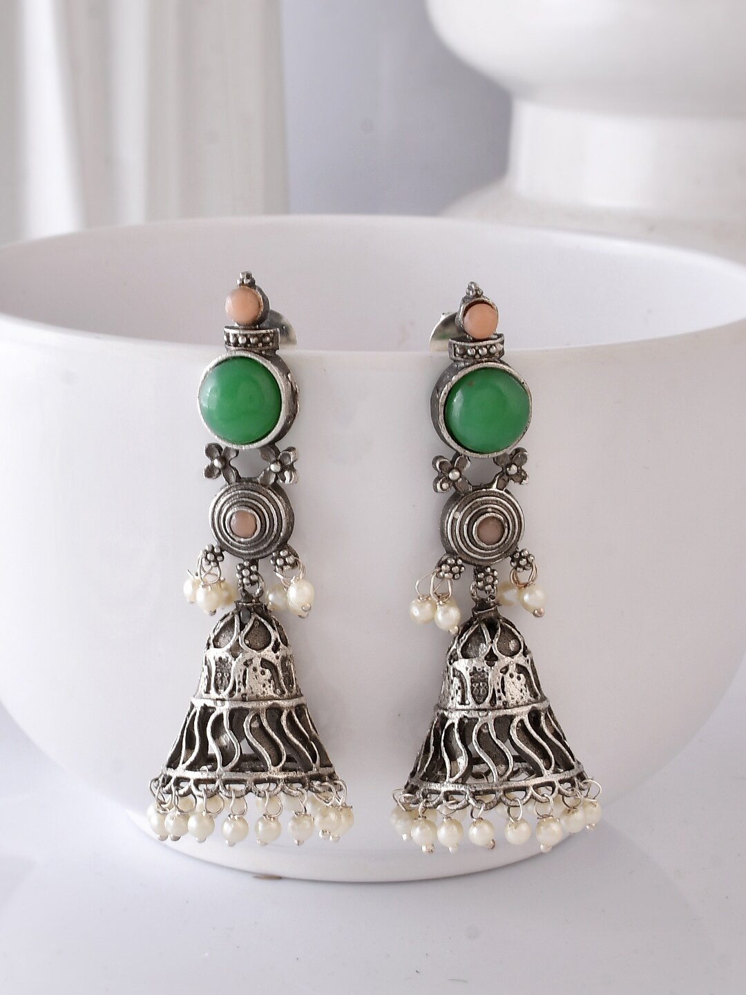 

DASTOOR Silver-Plated Oxidised Stone Studded Beaded Jhumkas