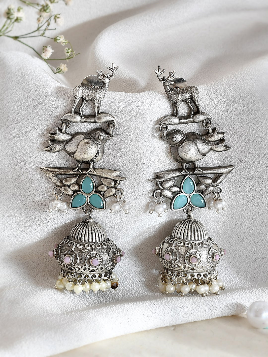 

DASTOOR Silver-Plated Oxidised Beaded Dome-Shaped Jhumkas