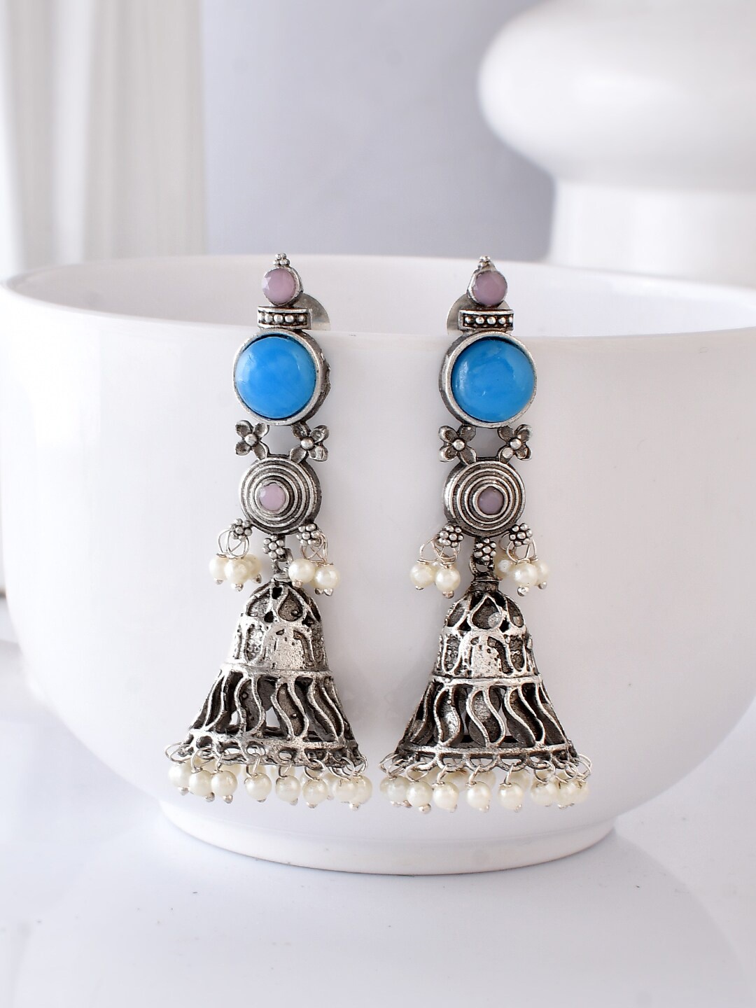 

DASTOOR Silver-Plated Dome Shaped Jhumkas