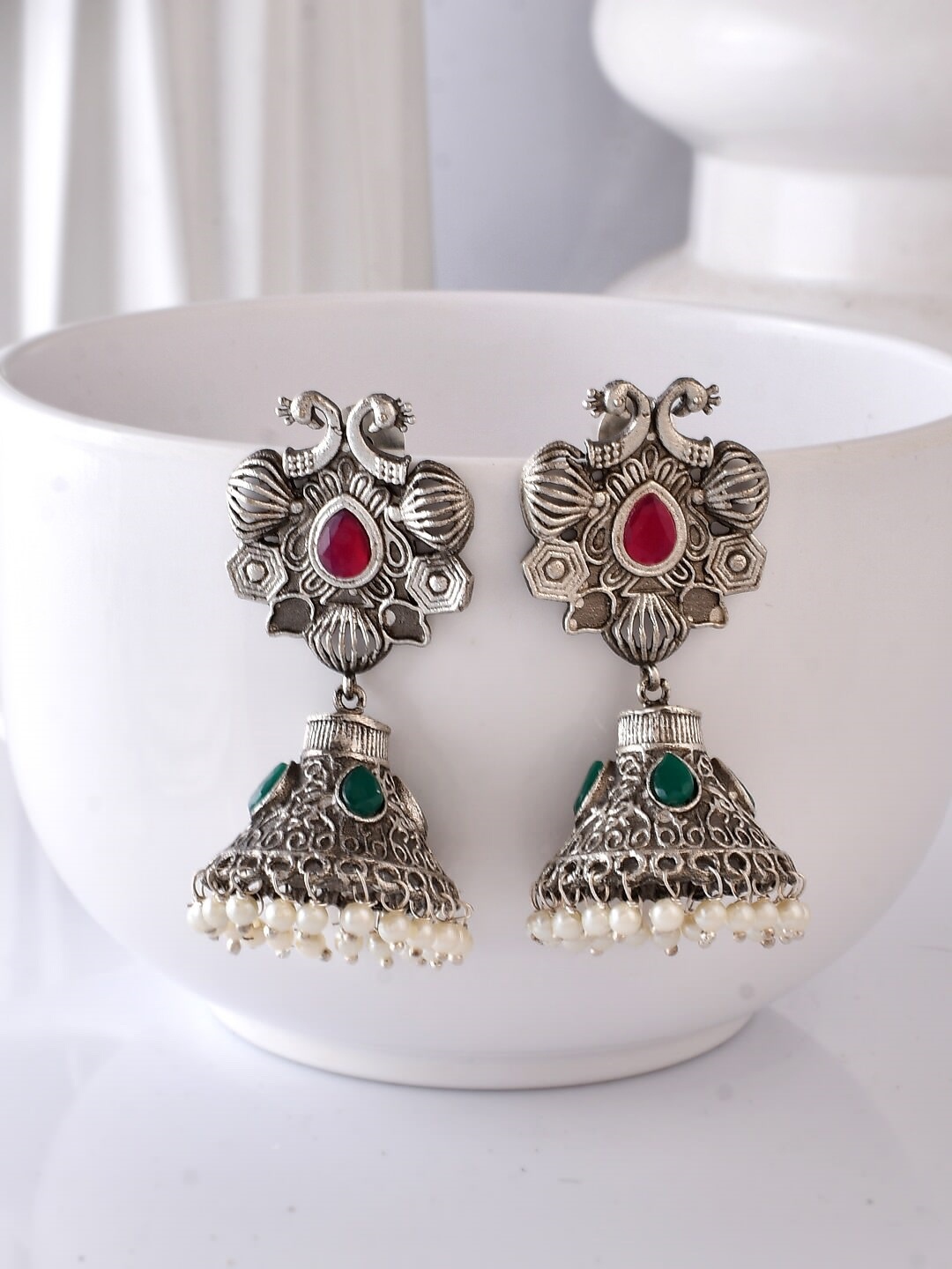 

DASTOOR Silver-Plated Dome Shaped Stone Studded & Beaded Jhumkas