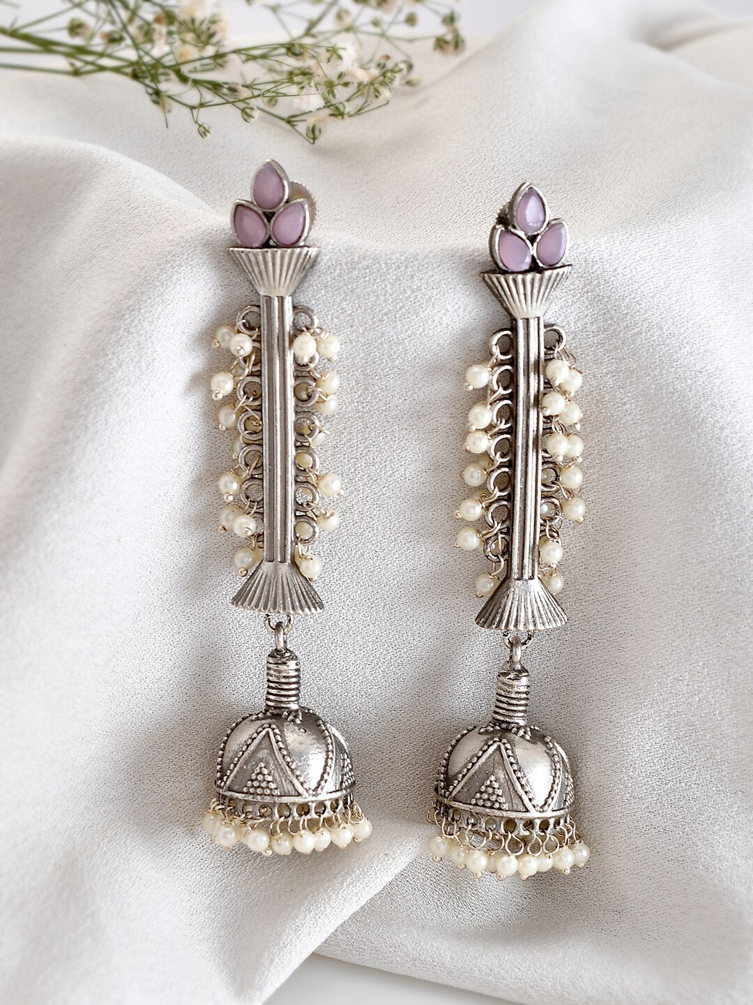 

DASTOOR Silver-Plated Oxidised Beaded Contemporary Jhumkas