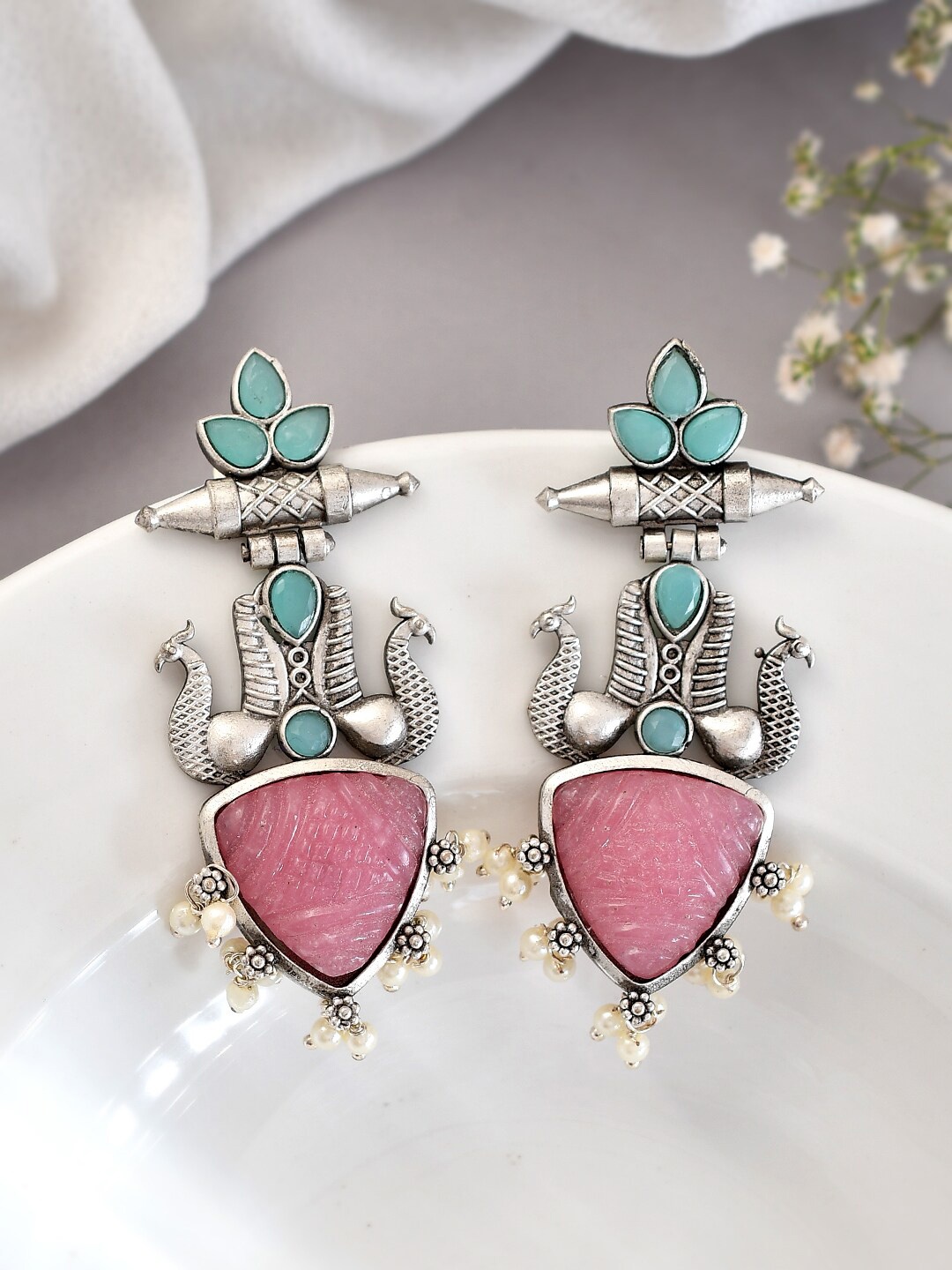 

DASTOOR Silver-Plated Beaded Contemporary Drop Earrings