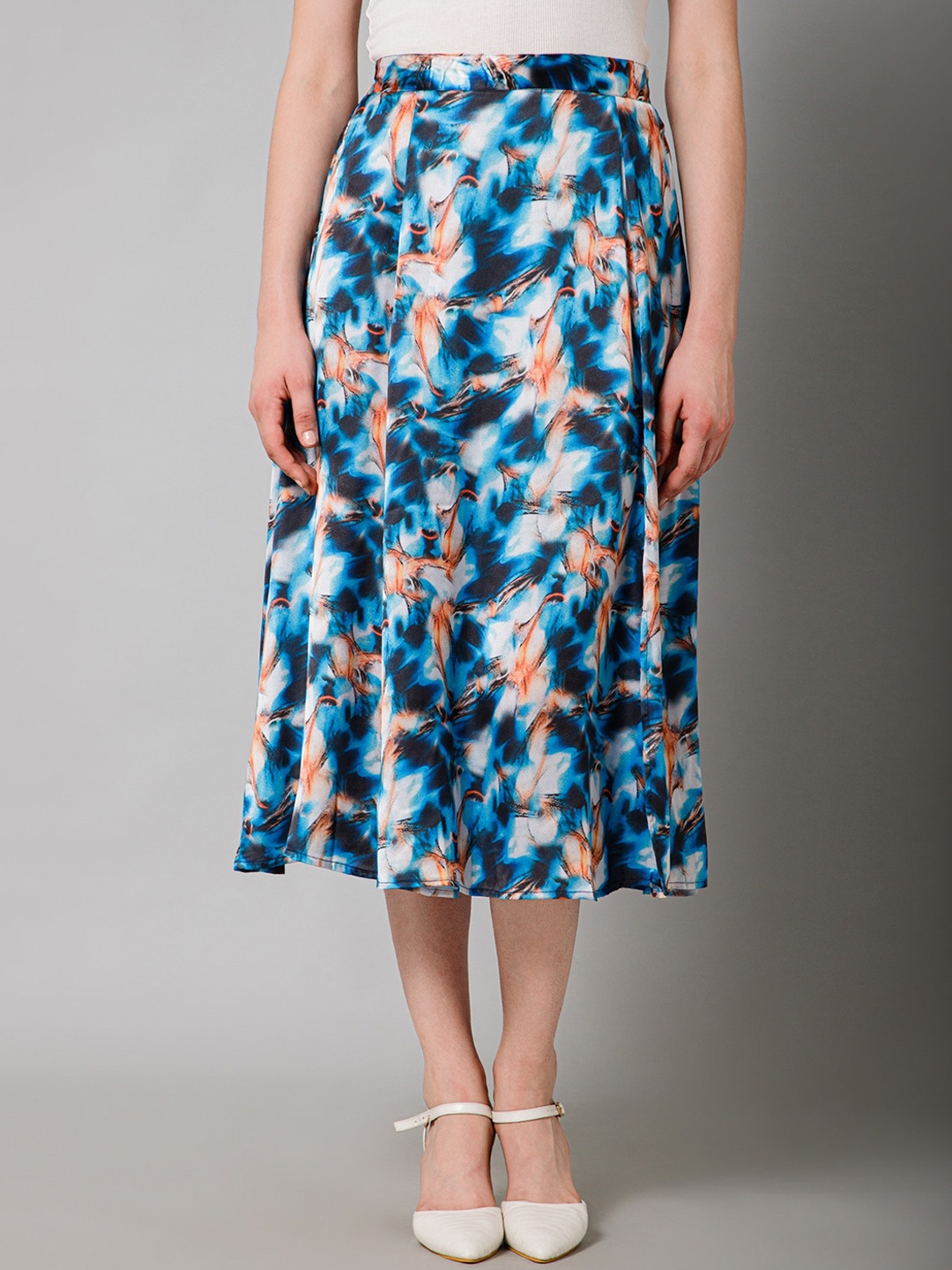 

PURYS Abstract Printed Flared Midi Skirt, Blue