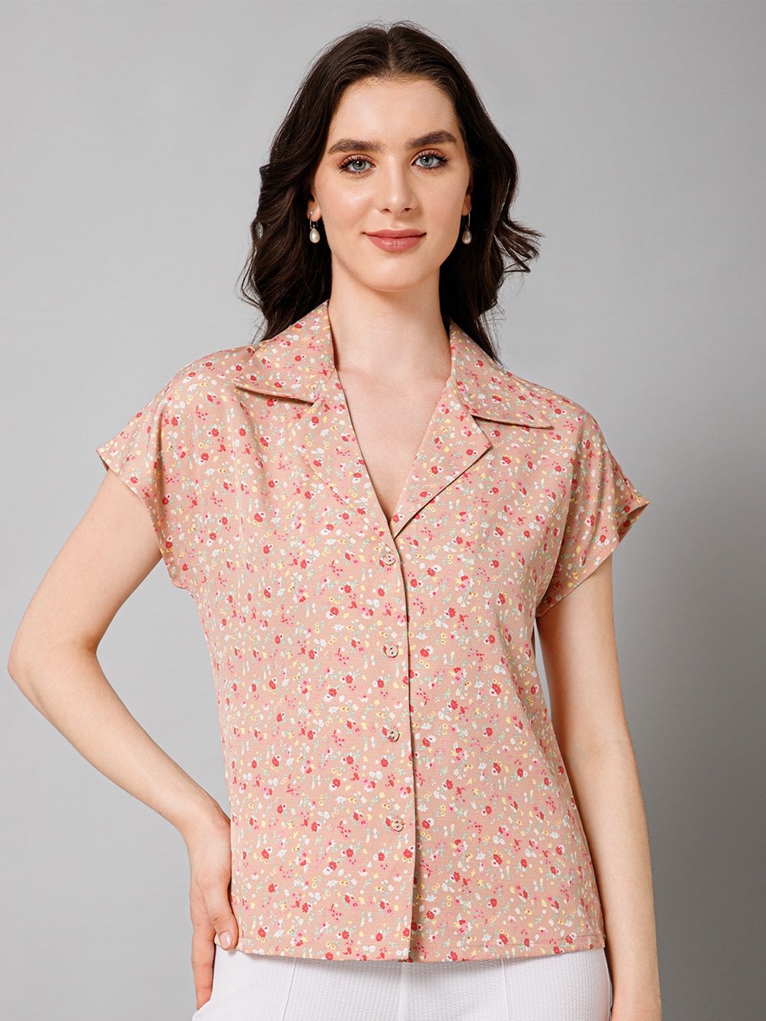 

PURYS Standard Floral Printed Cuban Collar Casual Shirt, Peach