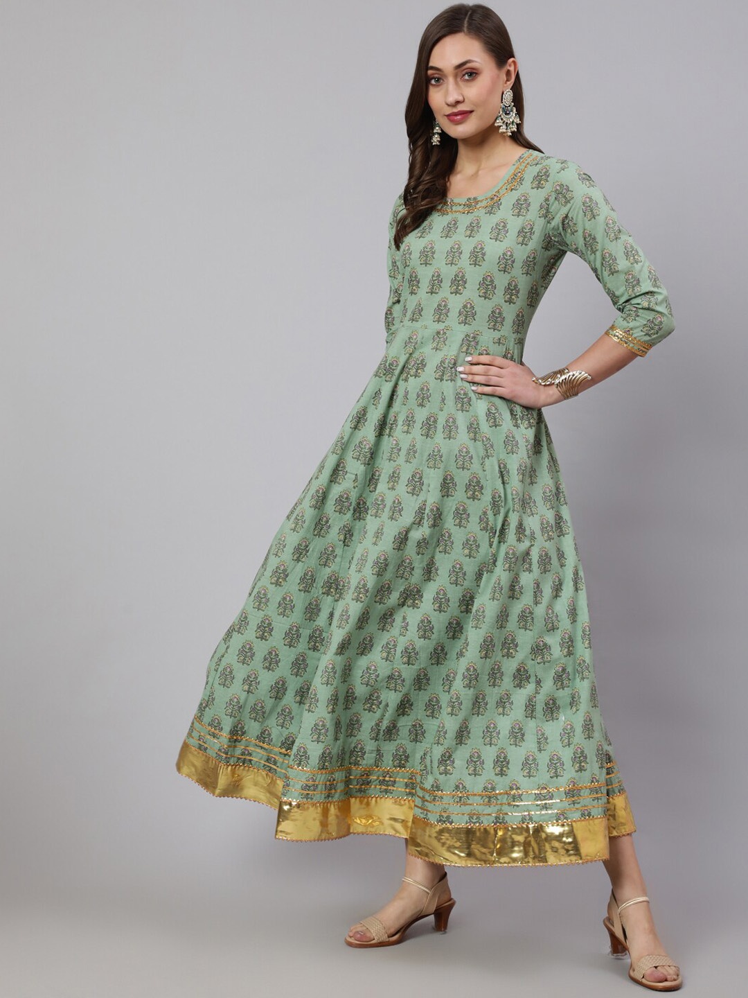 

GLAM ROOTS Ethnic Motifs Printed Anarkali Kurta, Green