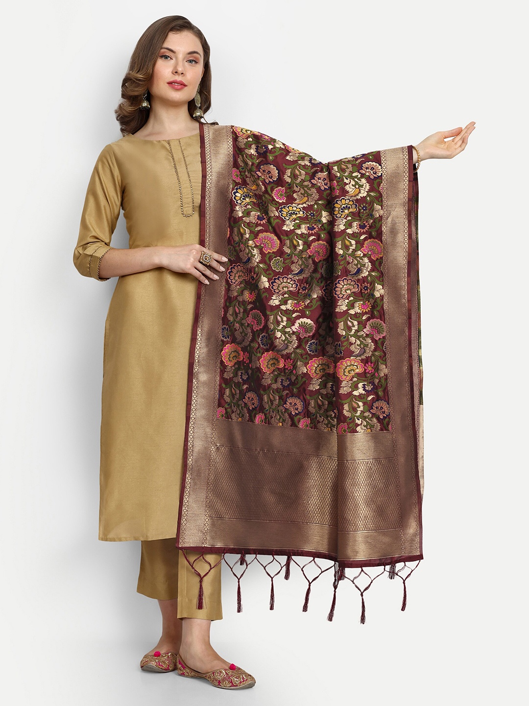 

ESCORA Ethnic Motifs Woven Design Silk Dupatta, Maroon