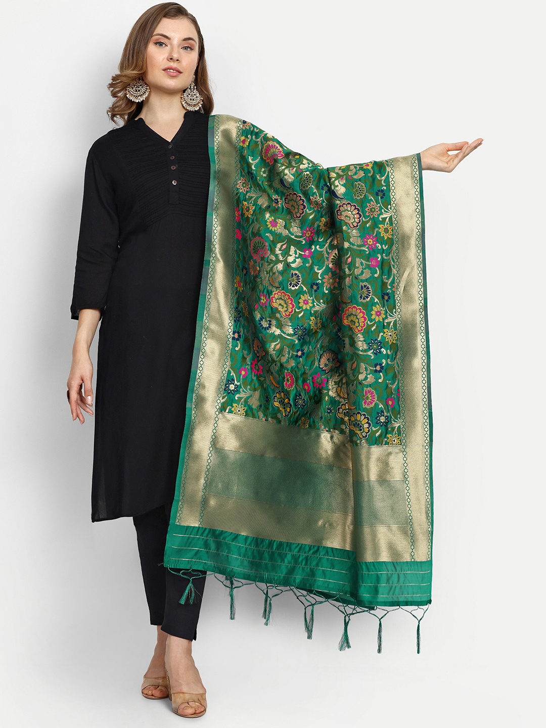 

ESCORA Ethnic Motifs Woven Design Silk Dupatta, Green