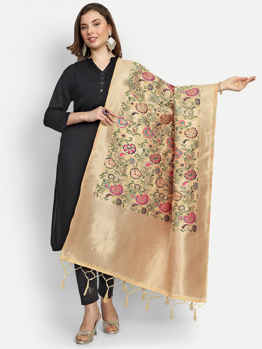 

ESCORA Ethnic Motifs Woven Design Silk Dupatta, Yellow