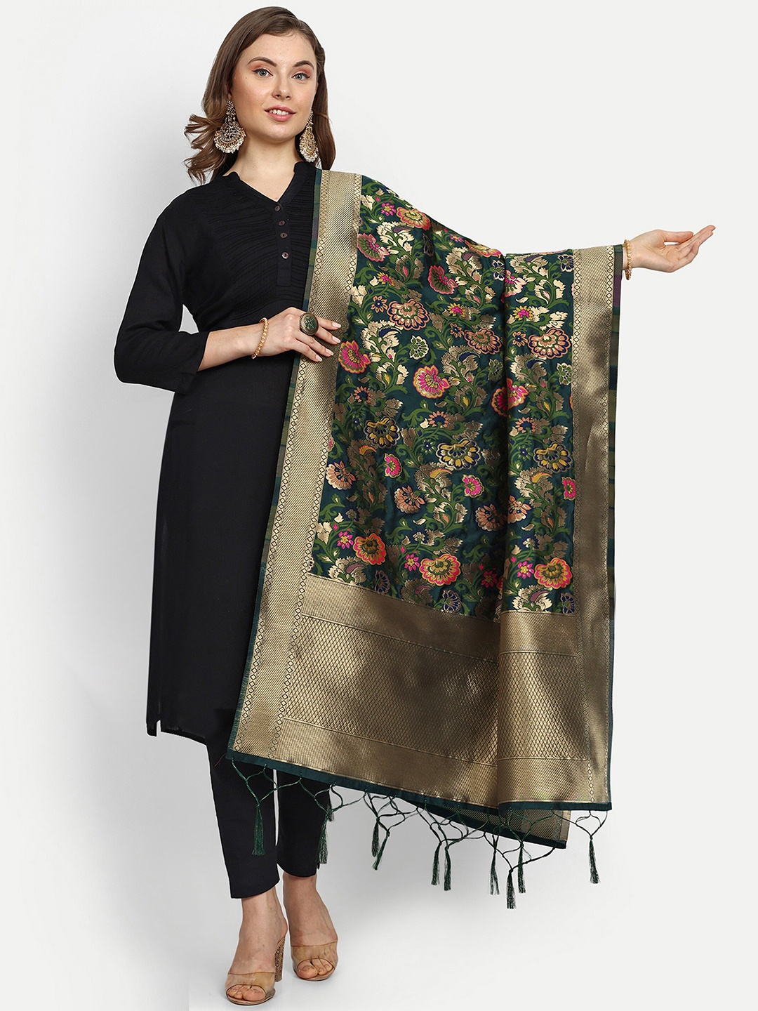 

ESCORA Ethnic Motifs Woven Design Silk Dupatta, Green
