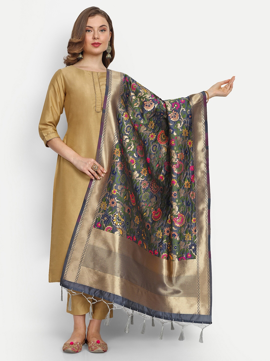

ESCORA Ethnic Motifs Woven Design Silk Dupatta, Grey
