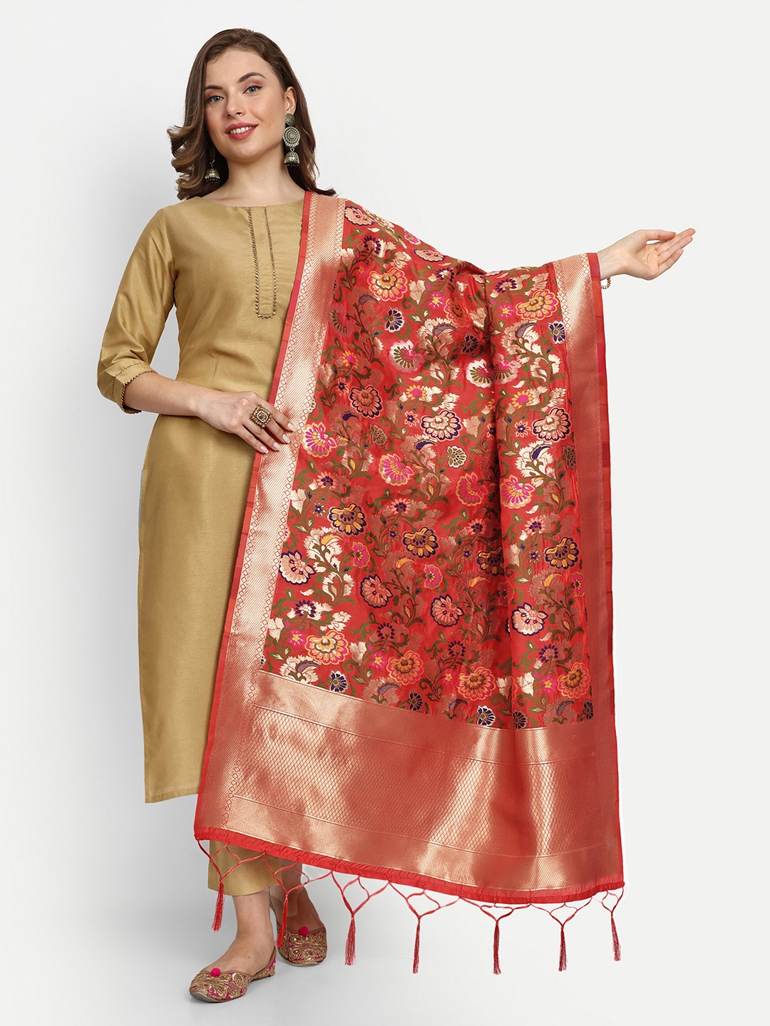 

ESCORA Ethnic Motifs Woven Design Silk Dupatta, Red