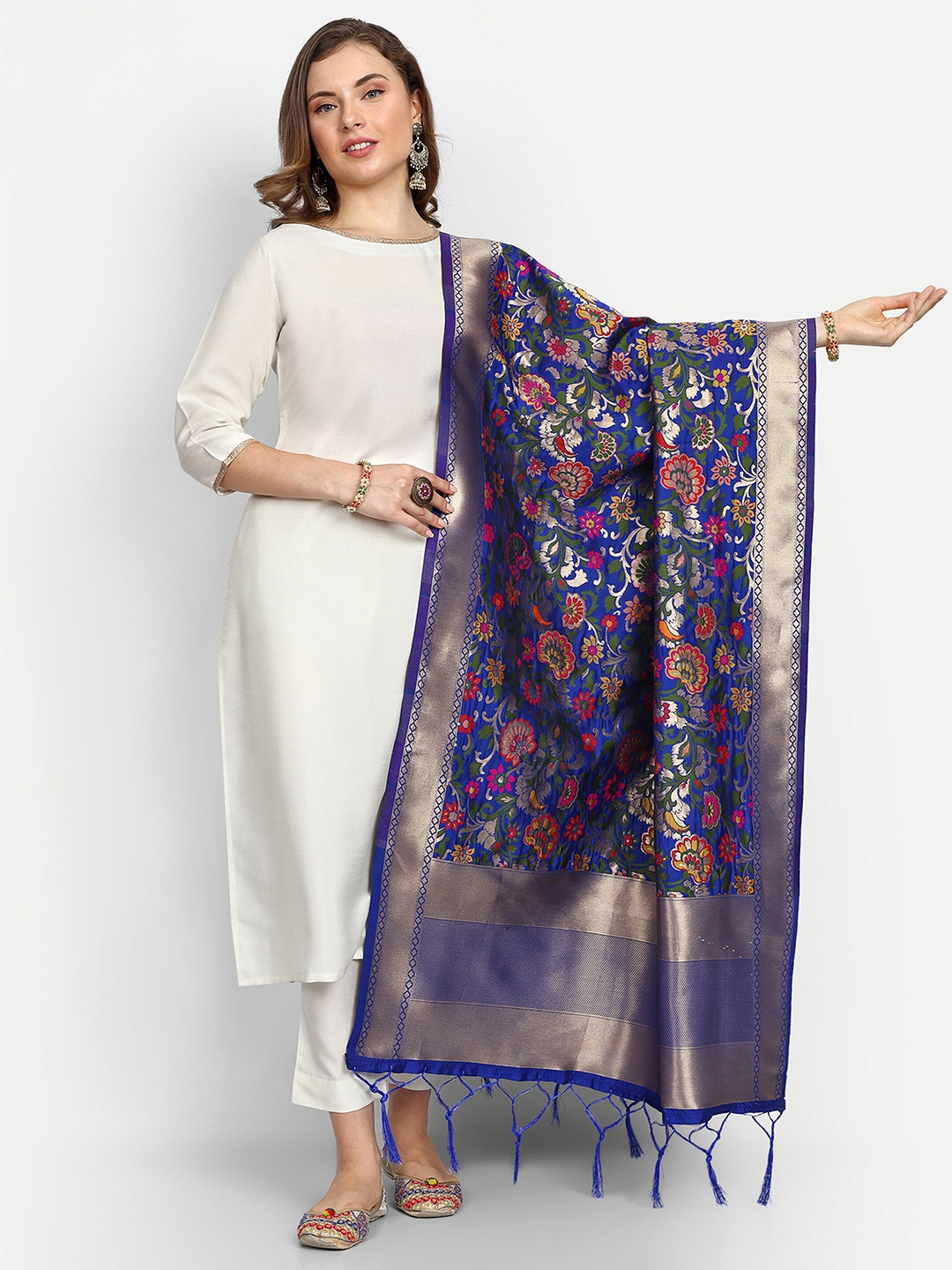 

ESCORA Ethnic Motifs Woven Design Silk Dupatta, Blue