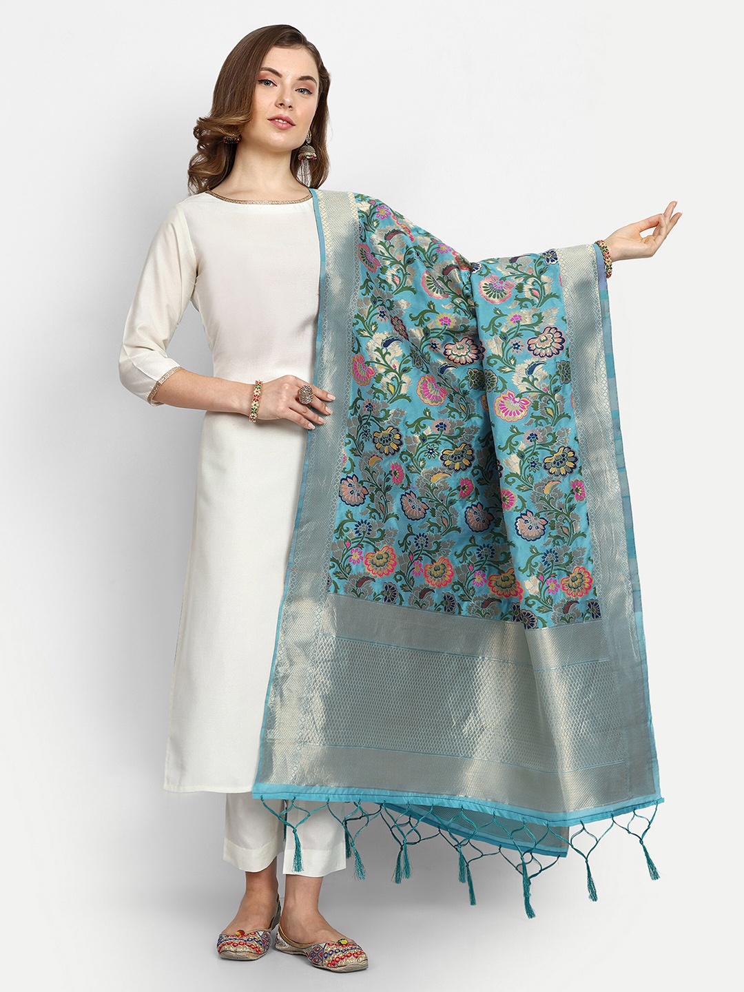 

ESCORA Ethnic Motifs Woven Design Silk Dupatta, Turquoise blue