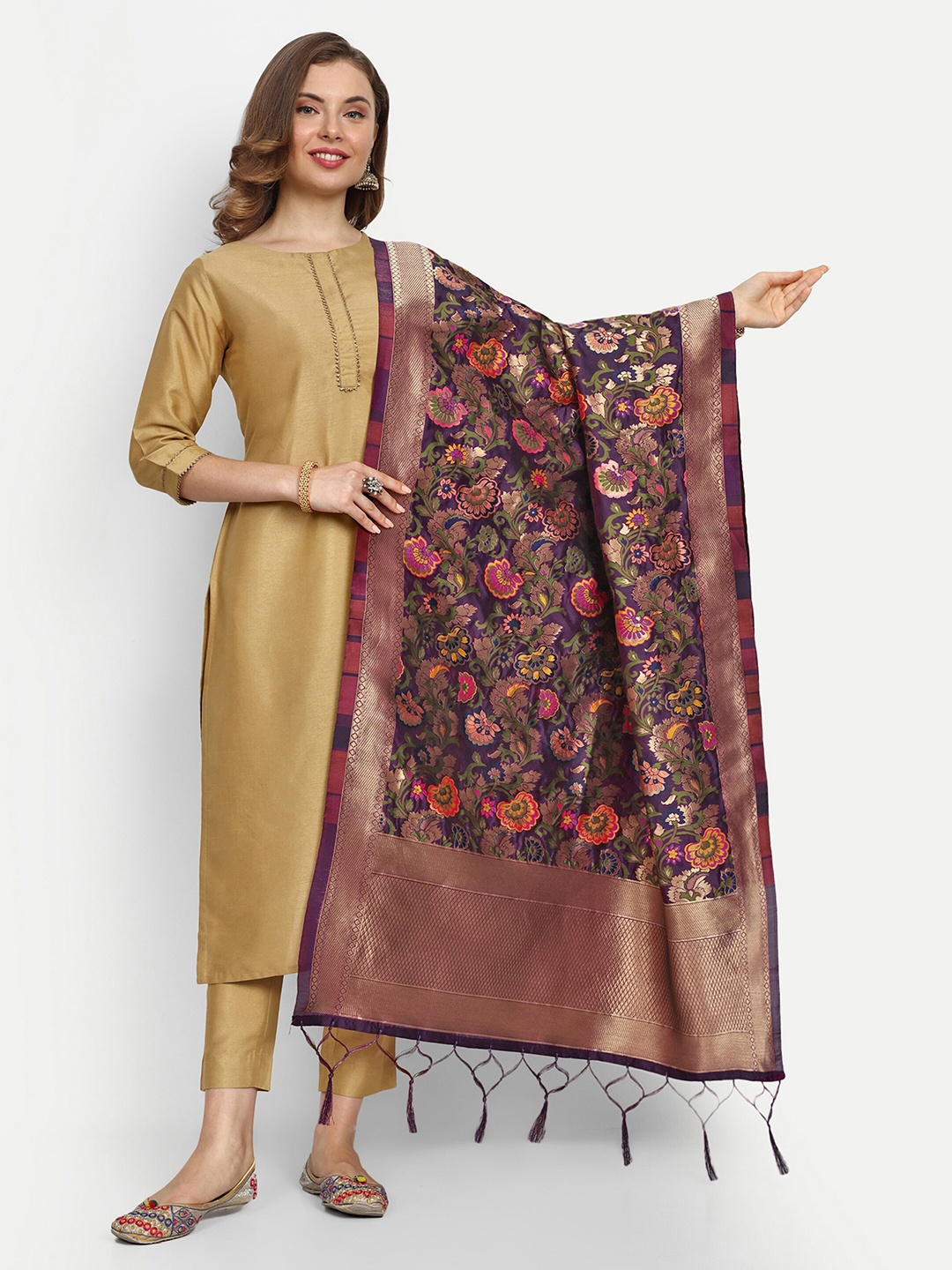 

ESCORA Ethnic Motifs Woven Design Silk Dupatta, Purple