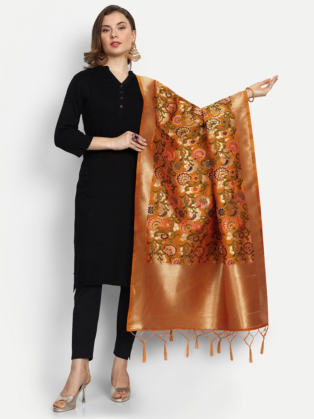 

ESCORA Ethnic Motifs Woven Design Silk Dupatta, Orange