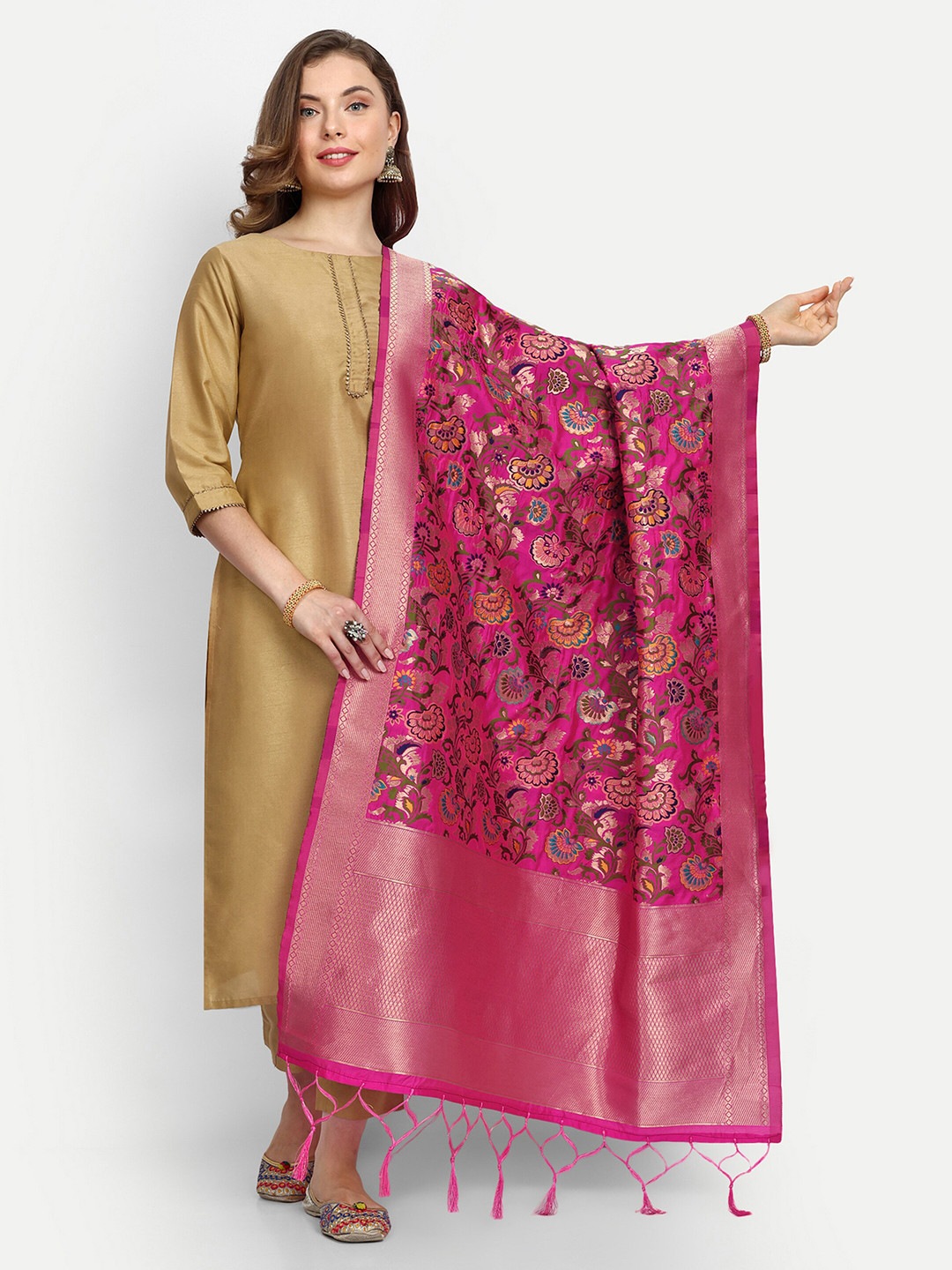 

ESCORA Ethnic Motifs Woven Design Silk Dupatta, Pink