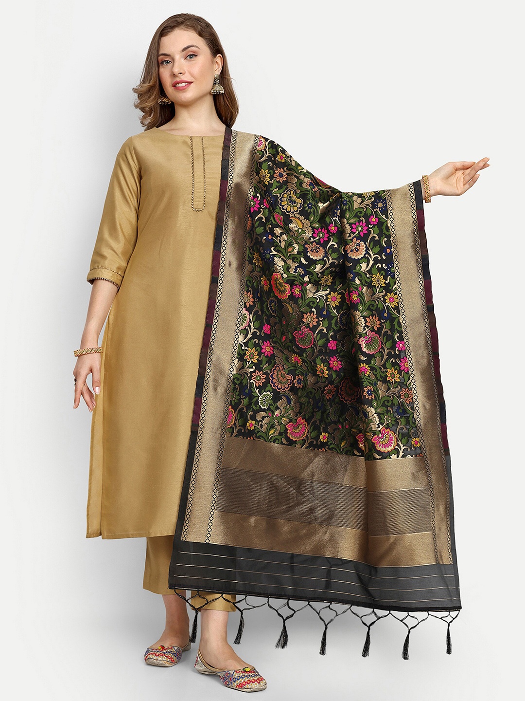 

ESCORA Ethnic Motifs Woven Design Silk Dupatta, Black