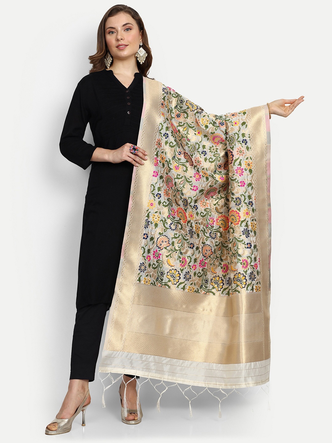 

ESCORA Ethnic Motifs Woven Design Silk Dupatta, White