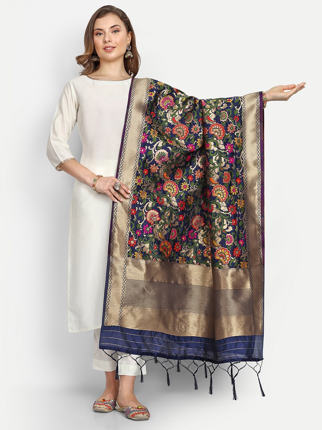 

ESCORA Floral Woven Design Zari Silk Dupatta, Navy blue