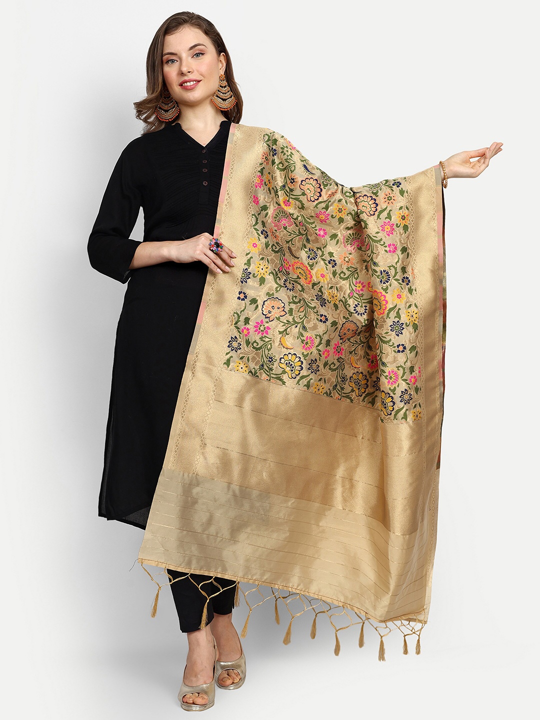 ESCORA Floral Woven Design Zari Silk Dupatta, Gold