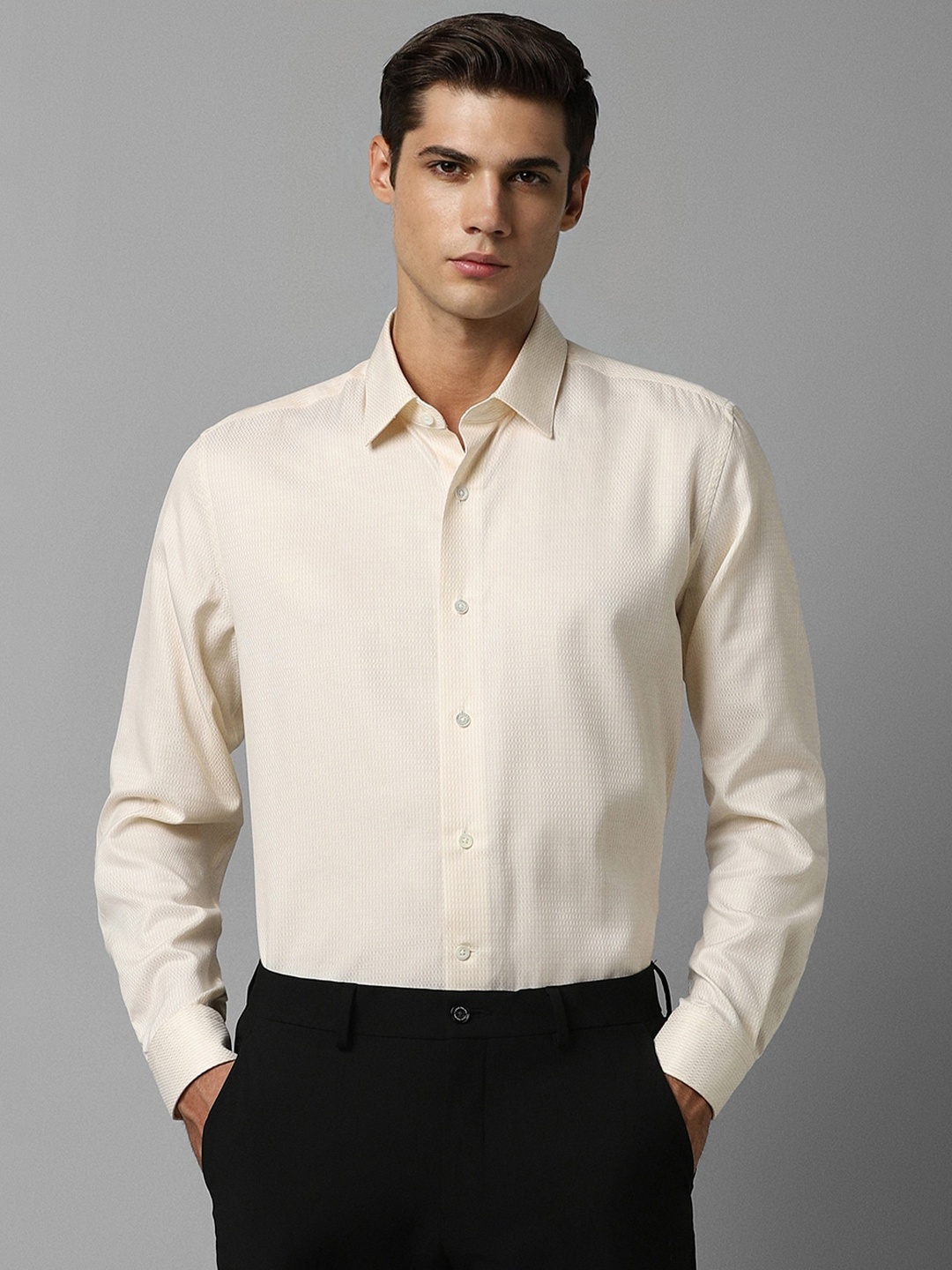 

Luxure by Louis Philippe Self Design Textured Slim Fit Pure Cotton Formal Shirt, Cream