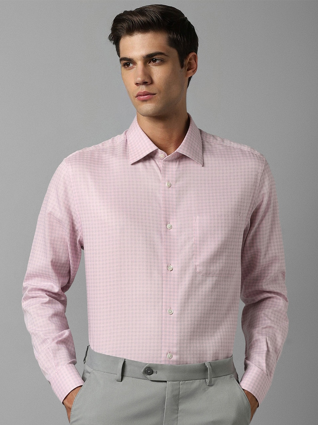 

Louis Philippe Classic Grid Tattersall Checked Spread Collar Pure Cotton Formal Shirt, Pink